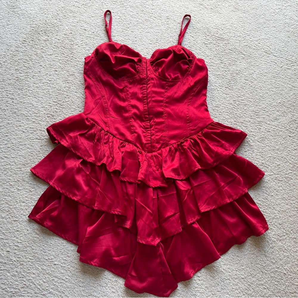 Forever 21 Red Ruffle Tiered Bustier Corset Sleeveless Mini Dress Straps Medium